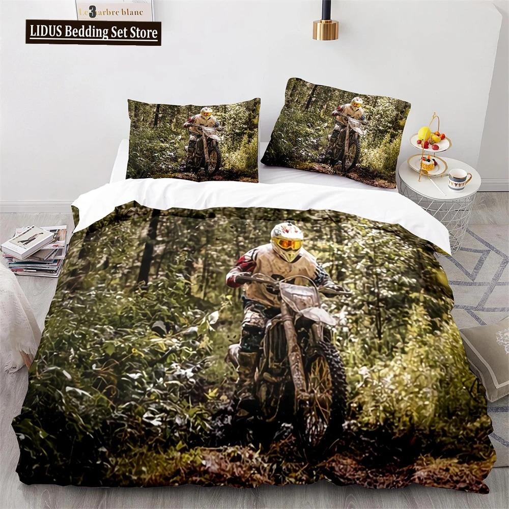 Dirt Bike Duvet Cover Set Motocross Rider Comforter Cover Motorcycle Extreme Sport Game Polyester Bedding Set For Kid Boys Teens