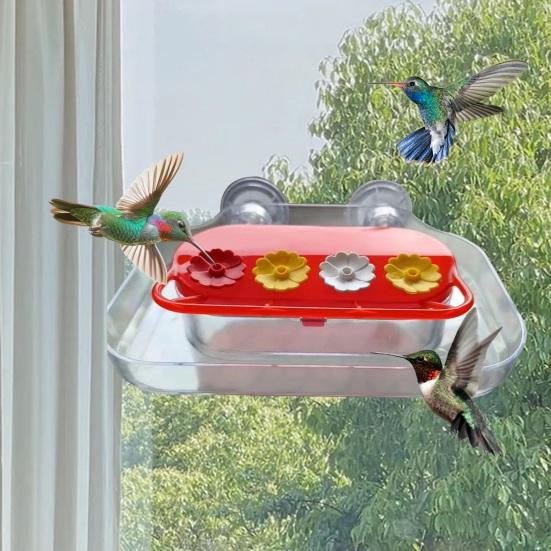 Window Hummingbird Feeder Plastic Birds Feeding Tray with 4 Feeding Ports Strong Suction Cup Hummingbird Feeder for Outdoors