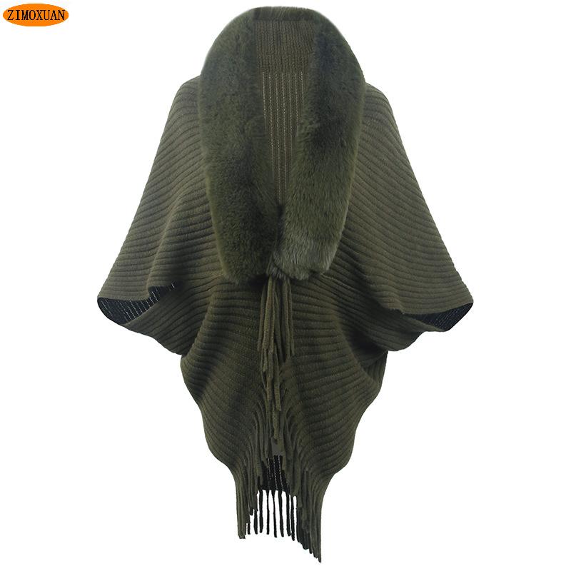 ZIMOXUAN Новое поступление, женская повседневная вязаная накидка с меховым воротником и шалью с кисточками
