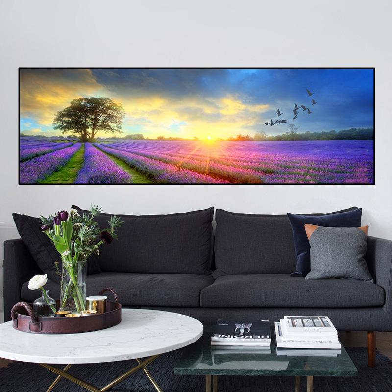 Lavender Field Painting, Landscape, Sunset, Flowers, Posters, Canvas, Painting, Wall Art Paintings for the Living Room, Home Decor, No Frame