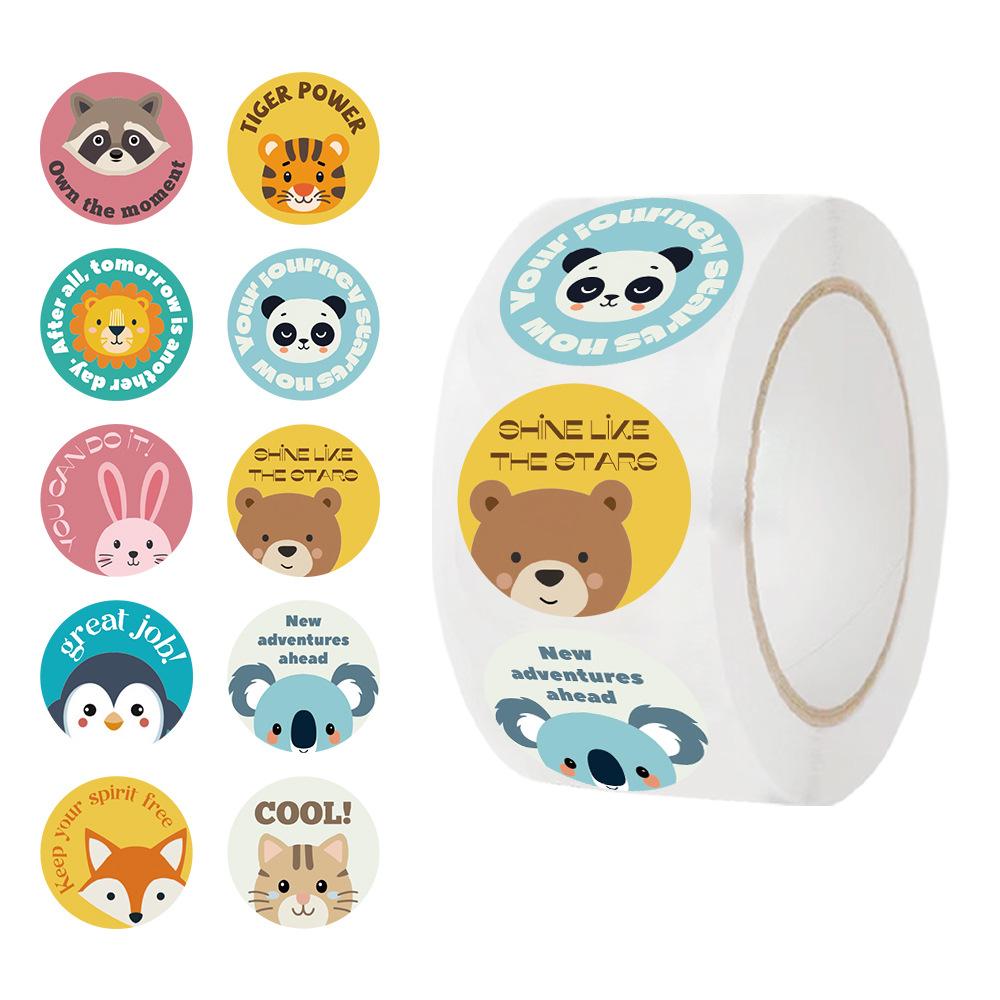 500 Pcs/Roll Motivational Animal Cartoon Stickers Fun Rewards Colorful Animals Round Roll Stickers Kids DIY Water Cups Decals