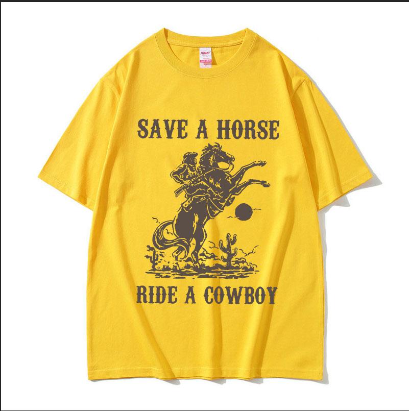 Peter Anor Save A Horse Ride A Cowboy Men's Pattern Print T-shirt Harajuku Retro Casual T-shirt 100% Pure Cotton Short Sleeve