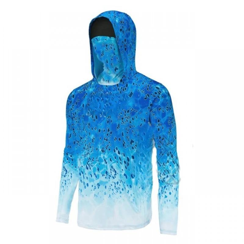 Mens UPF 50 Long Sleeve Fishing Shirt With Hood Face Cover Quick Dry Breathable Sun Protection Outdoor Angling