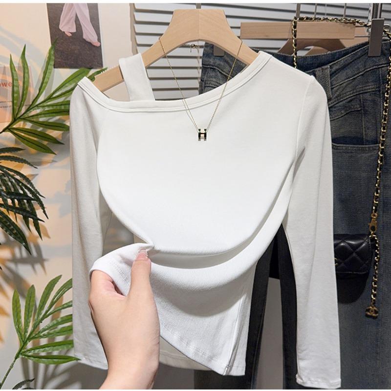 Весна Осень Воротник «Один мир» Сексуальная футболка с открытыми плечами Женская с длинным рукавом Повседневная Универсальная Пуловер Футболка Топ