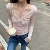Twist Knot V Neck Red White Stripe Long Sleeve Tee Women Spring Autumn Sexy Hot Girl Slim Fit Crop Top