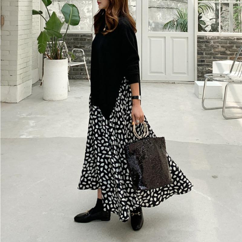 Весна и осень плюс размер футболка с длинным рукавом с принтом большое свободное платье с круглым вырезом длинное платье