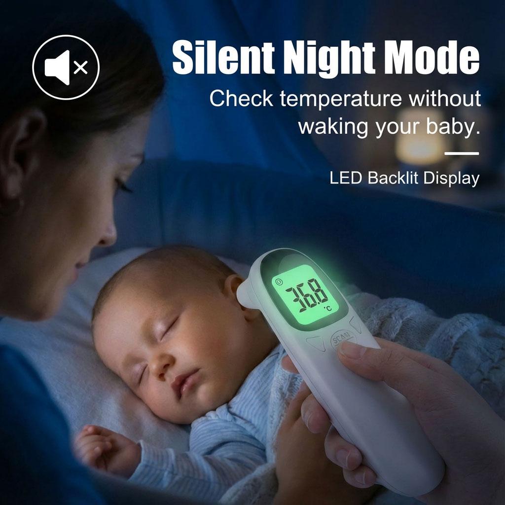 Бесшумный детский термометр USB-зарядка Инфракрасный цифровой лоб и ухо Датчик лихорадки с ночником Функция памяти для детей