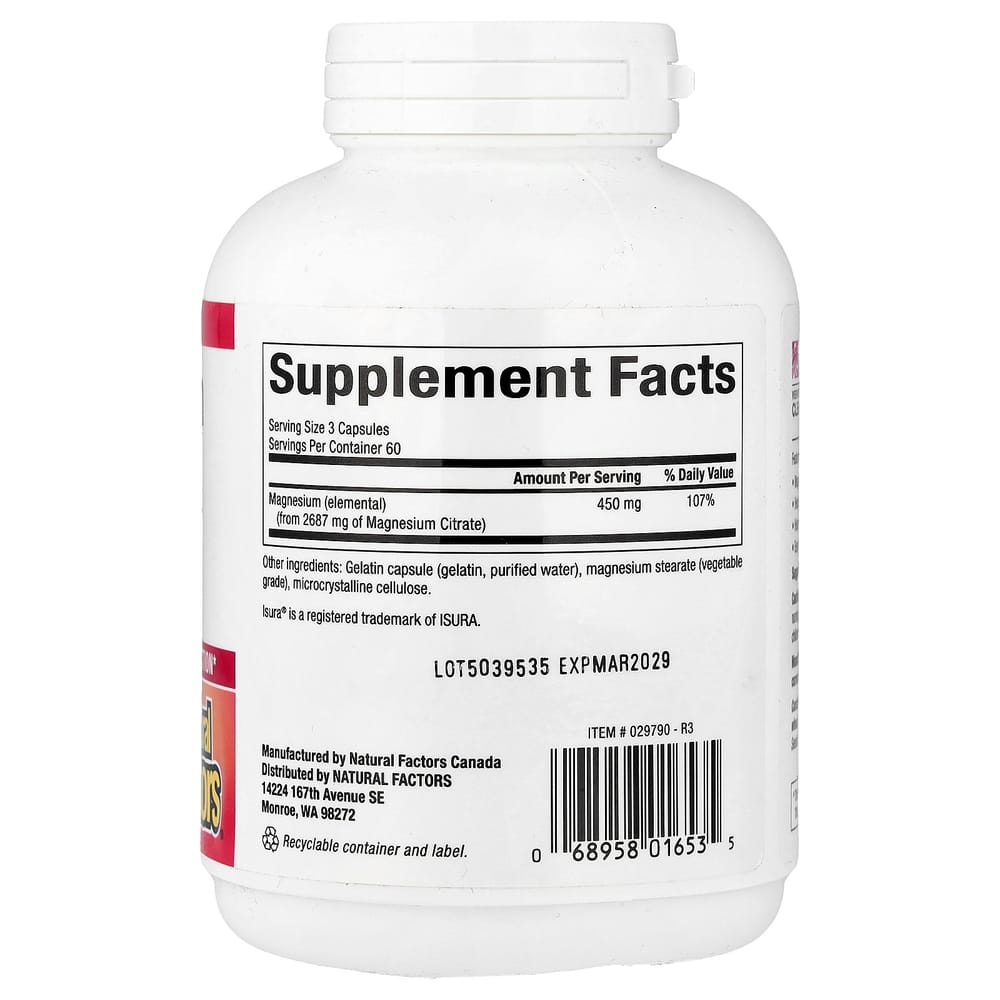 Natural Factors Magnesium Citrate 150mg Capsules, 180 Count