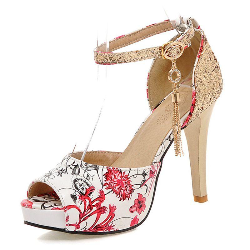 Female Sexy Sandals Peep Toe Stiletto 11cm Platform 2.5cm Buckle Strap Flower Shiny Metal Deocr 46 47 48 Mixed Color