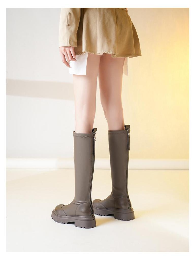 M95005 Long Knight Boots: Simple Zipper, Thick Sole, Height Increase, All-Match for Autumn/Winter.