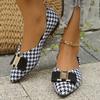 Women's Houndstooth Pattern Comfy Flats, Buckle Decor Shallow Mouth Soft Sole Shoes, Lightweight Point Toe Shoes