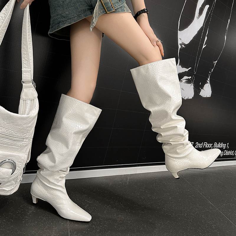 Krazing Pot Осенне-зимняя обувь из искусственной кожи, туфли без шнуровки на среднем каблуке с квадратным носком, женские сапоги до бедра со плиссированной отделкой и украшением