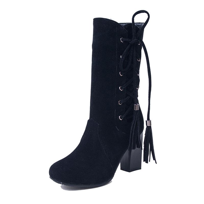 Fashion Large Size 32-45 High Heel Boots Women Shoes Woman Zip Up Shoelace Winter Boots Fringe Footwear Party Bottine