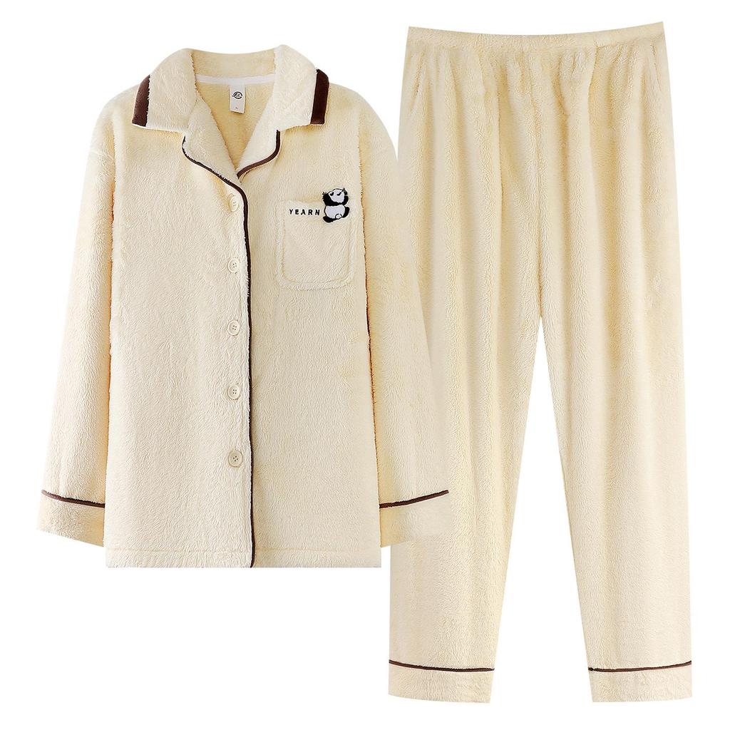 Women's Winter Flannel Pajama Set: Long Sleeve Cardigan & Warm Coral Fleece with Cartoon Panda Design