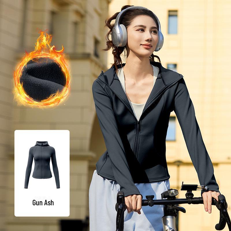 Juyitang осень/зима бархатный толстый приталенный кардиган на молнии: Ветрозащитная спортивная куртка с капюшоном для занятий йогой на открытом воздухе.