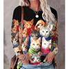 Women's Fashion Tops 3D Cat Print Casual T-Shirt Loose Sleeve Long Sleeve Round Neck T-Shirt Women's Harajuku Top