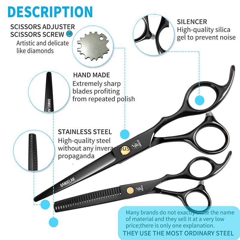 SANGELAR 6-дюймовый парикмахерский набор, ножницы для волос, черные семейные парикмахерские ножницы, набор парикмахерских инструментов, парикмахерская для всей семьи, парикмахерская