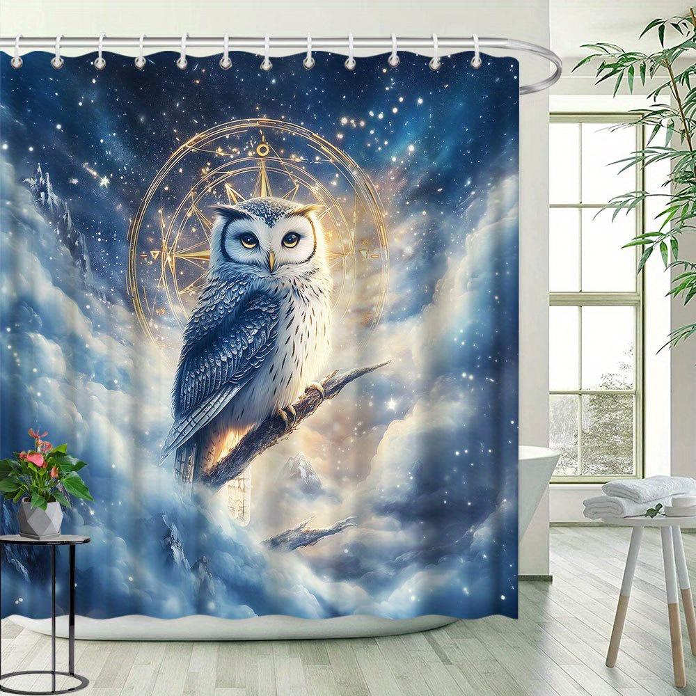 1pc Starry Owl Shower Curtain Animal Pattern Bathroom Decor Polyester Fabric Includes 12 Hooks