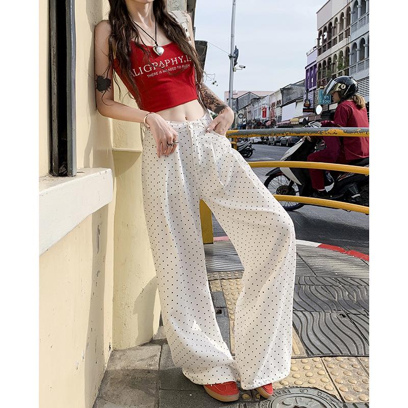 White polka dot Tencel jeans women's pleated design loose straight pants new thin casual jeans