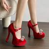 Fashion Luxury Rhinestone Bow Design 13CM High Heels Women Fashion Round Toe Suede Mary Jane Platform Shoes Wedding Banquet Women Pumps