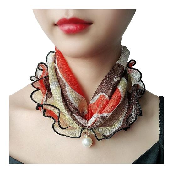 Faux Silk Scarf Lightweight Mesh Soft Shiny Touch Edge-covered Design Scarf with Faux Pearl Decor Neck Decoration