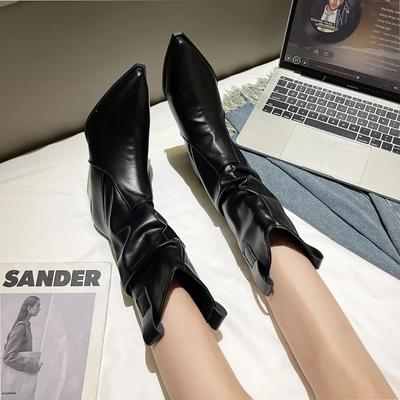 Женские ботильоны на высоком каблуке с острым носком, женские зимние плюшевые туфли-лодочки Chelsea Snow 2024 года, трендовые туфли средней длины для женщин в готическом стиле Botas Mujer