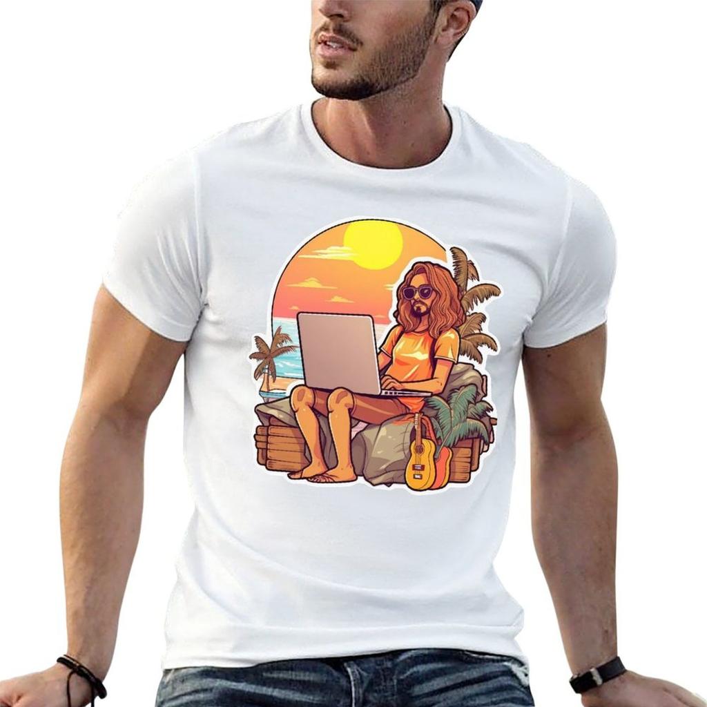 Digital Nomad Works On His Laptop While Relaxing On The Beach Tshirt Cool Feeling Summer Tee Shirt