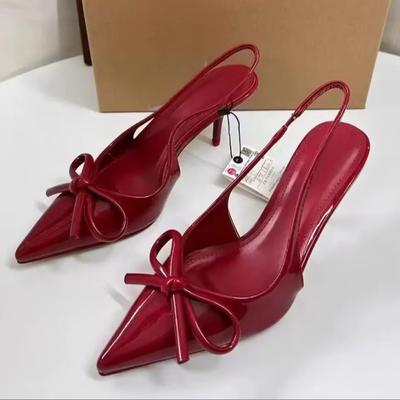 Красные банты Slingbacks High Heels для женщин Сексуальные остроносые лакированные туфли на высоком каблуке Осенние элегантные женские туфли на каблуке
