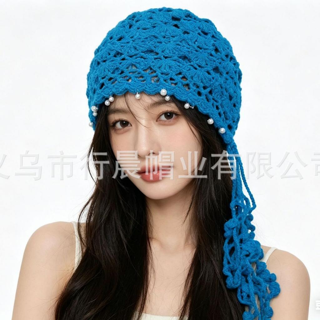 Bohemian flower fringed woven bald hat retro hollow ethnic style handknitted pullover hat