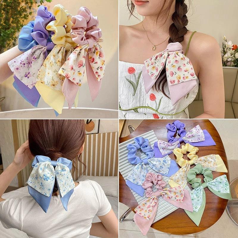 Korea Floral Bow Scrunchies For Women Satin Long Ribbon Ponytail Scarf Girls Hair Bobbles Print Elastic Hair Bands Accessories