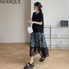 MODIQUE Summer Plus Size Women Loose Versatile A-Line Floral Print Lace Patchwork Pleated Cotton T-Shirt Long Dresses Female Casual O-Neck Dresses