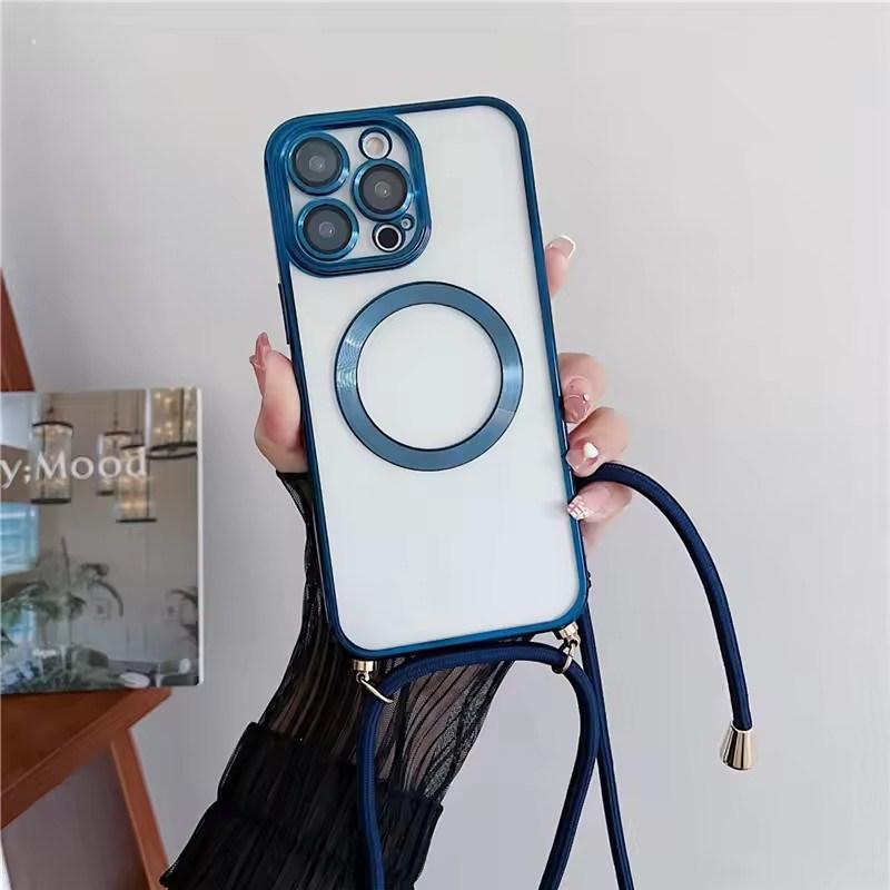 Прозрачные магнитные чехлы с покрытием для беспроводной зарядки MagSafe для iPhone 17 Air 16 15 14 13 12 11 Pro Max Plus с ремешком-шнурком на шею