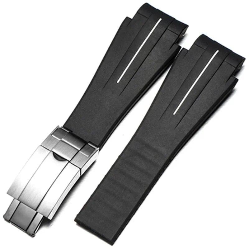 21mm Black Rubber Watchbands Silicone Strap Deployment Clasp Folding Buckle Fits For Rolex Yacht Master Oysterflex