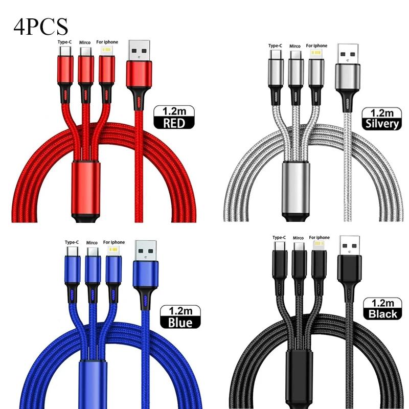 1-4Pcs 3 In 1 USB Charger Fast Charging Cable Type C Micro IOS Multi Charger Cable for iPhone Huawei Samsung Nylon Braided Cord