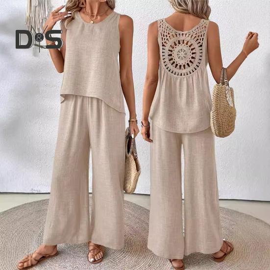 Женский комплект из двух предметов для отдыха, летний топ без рукавов с вырезом сзади и широкие брюки, повседневная одежда для отпуска и путешествий