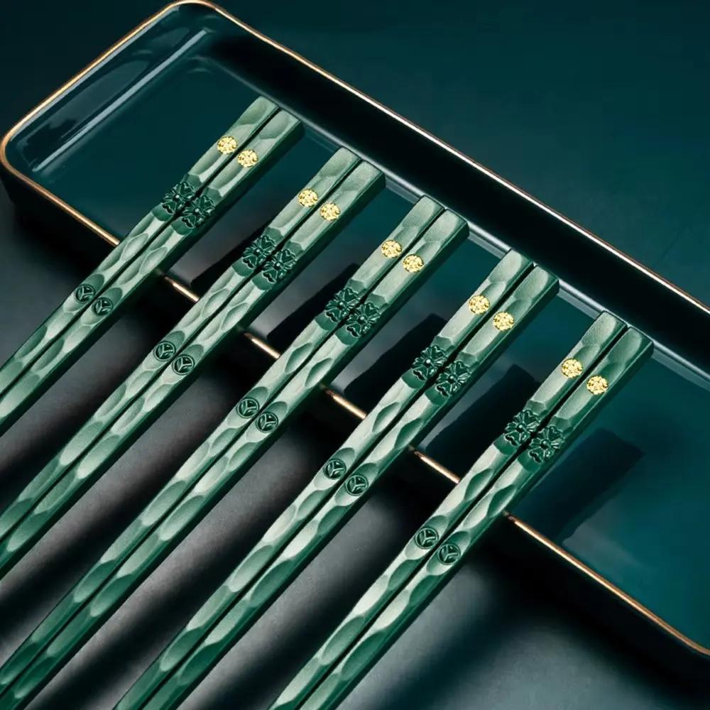 5Pair Reusable Chinese Chopsticks Sushi Sticks Alloy Non Slip Dishwasher Safe Bamboo Shape Food Grade Chopsticks