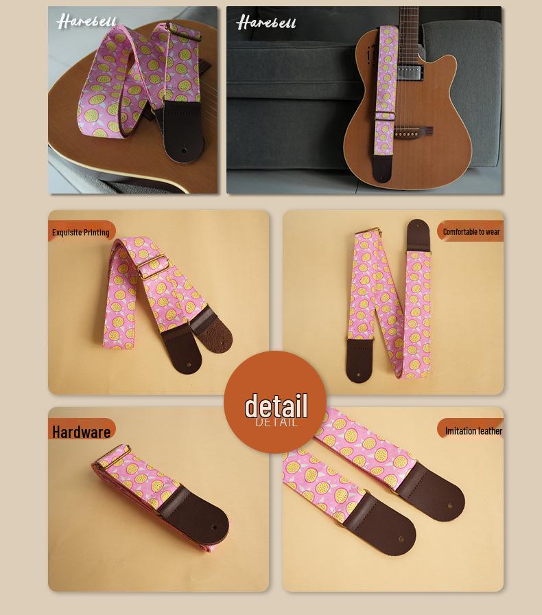 Guitar Strap - Pink Passion Fruit Pattern, Adjustable Buckle, Model PO-028.