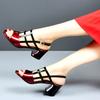 New Women Peep Toe Sandals,Summer Heels,Square Mid Heel,Ankle Buckle,Hollow Out Shoes,Korean Style,Female Footware,Wine-red