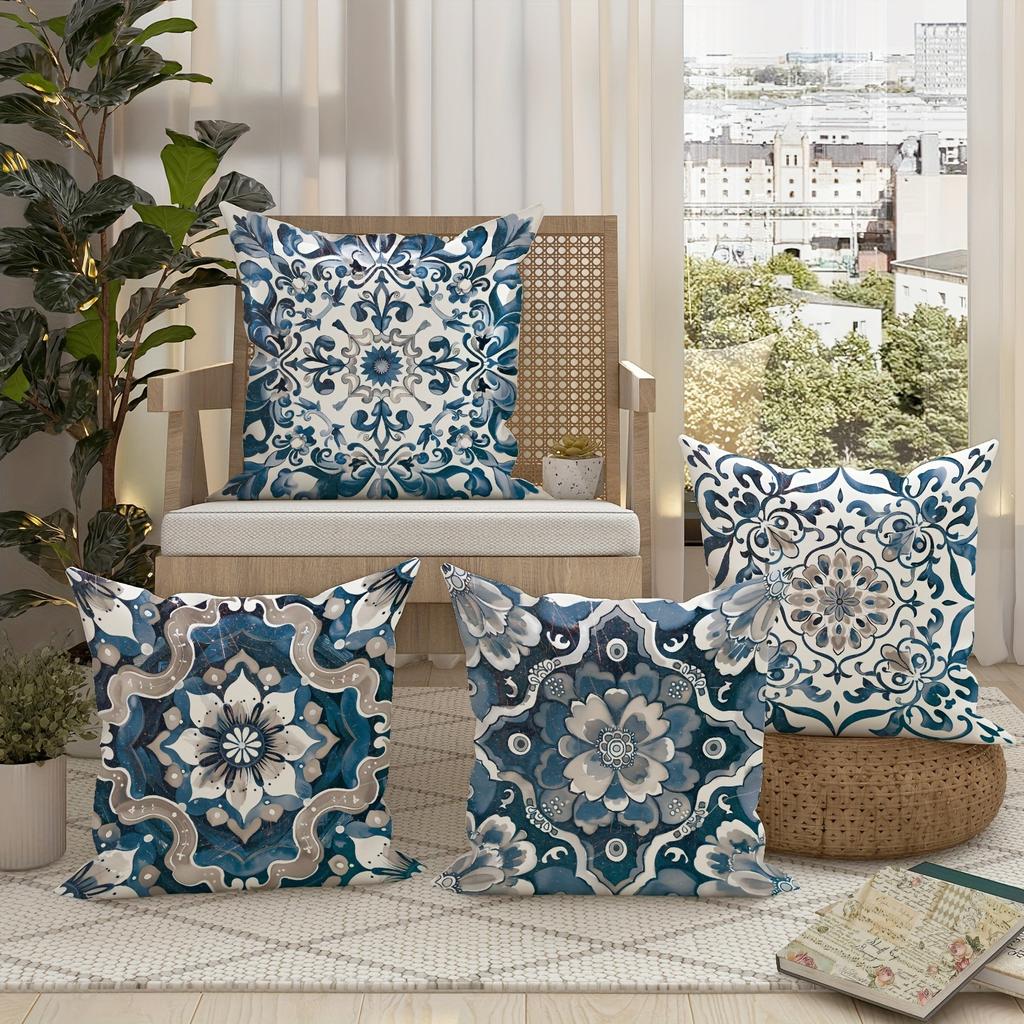 Blue And White Retro Pattern Home Decor Pillowcase Living Room Sofa Polyester Cushion Cover With Zipper