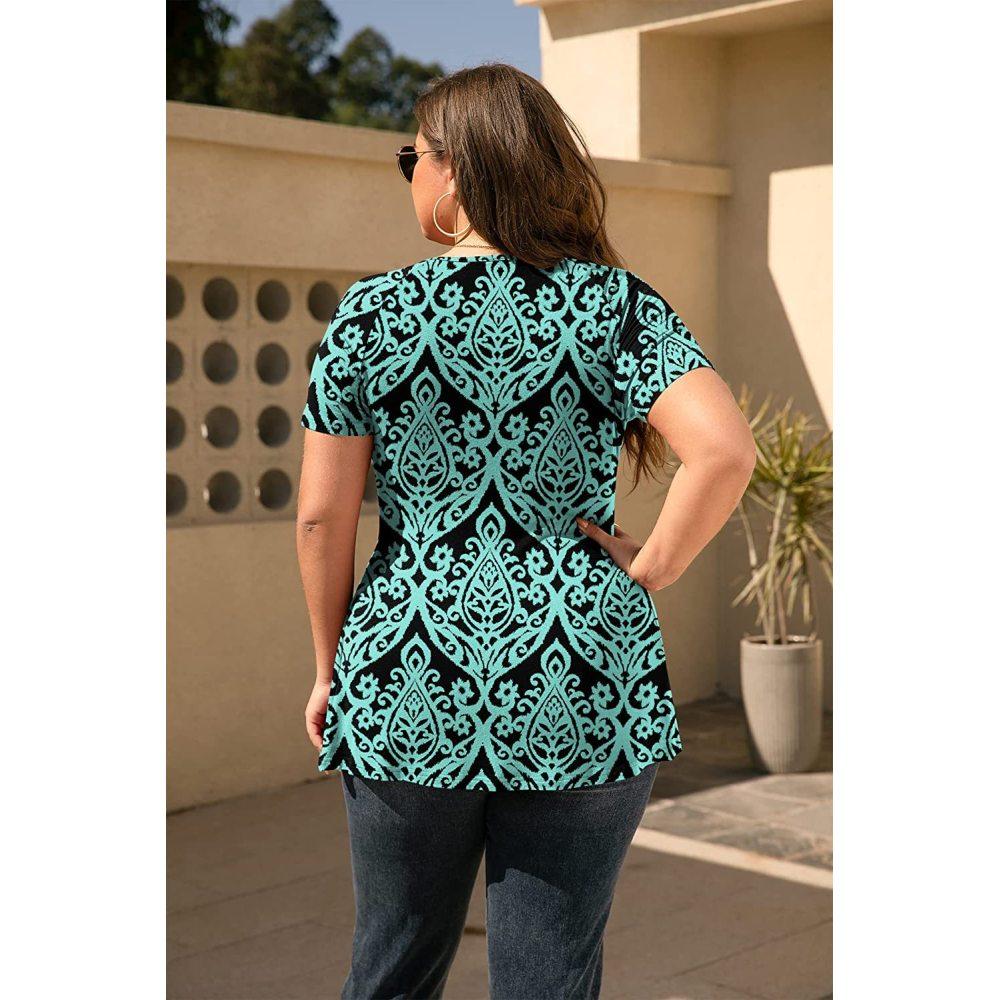 Plus Size Women's Spring and Summer V-neck Printed Short-sleeved T-shirt