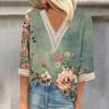 Женская модная футболка с V-образным вырезом и кружевным винтажным цветочным принтом, повседневный топ с семью рукавами