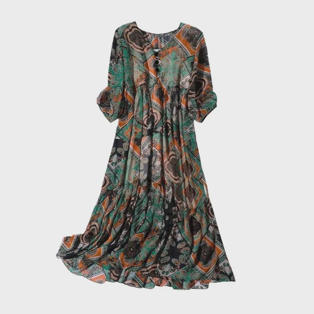 Свободное платье с ретро-принтом 2023 года для женщин среднего и пожилого возраста