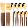 Brown Gold Stainless Steel Dinnerware Set with Imitation Wooden Handle - 4/16 Piece Cutlery Set Including Knife, Spoon, Fork