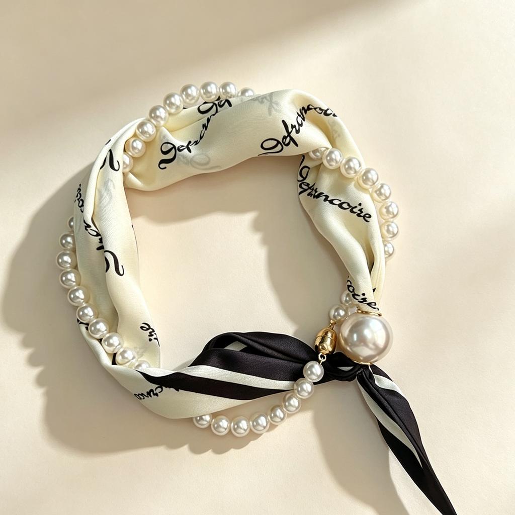 Spring and Summer French Light Luxury Small Square Scarf Pearl Necklace Magnetic Buckle Lazy Silk Scarf Women's Scarf Collarbone Chain Scarf