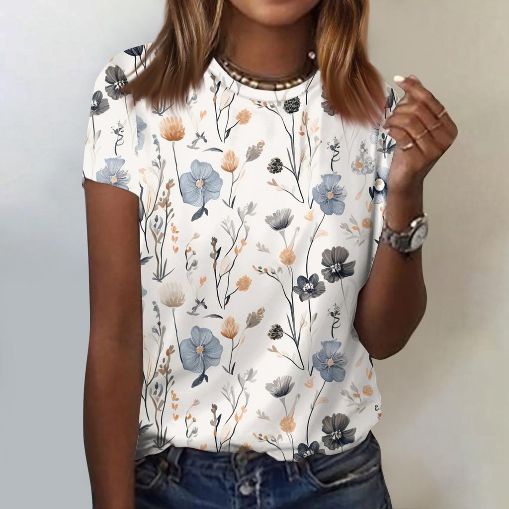 Женская модная повседневная футболка с цветочным принтом и круглым вырезом, топ с короткими рукавами