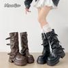 Модные винтажные женские полусапоги в западном стиле на высокой платформе, модные ботильоны с ремешком и пряжкой, из ПУ, черные, коричневые, длинные осенние женские сапоги