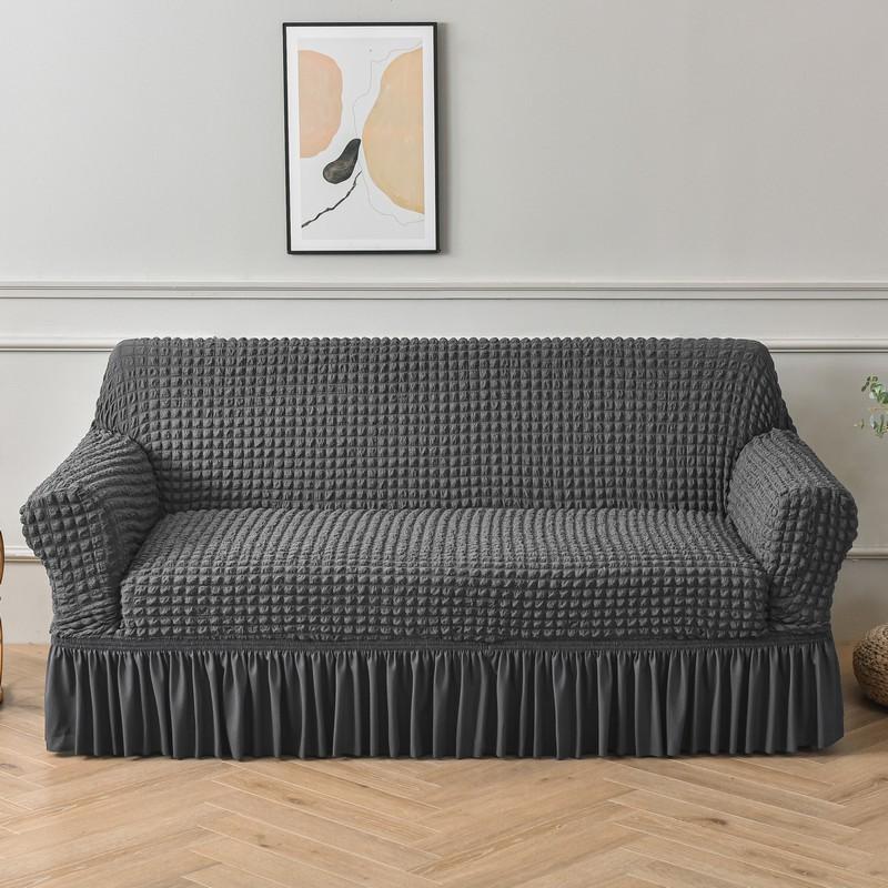 Solid Color Seersucker Sofa Cover with Skirt, Full Coverage, Non-Slip, Dustproof, Stretch Sofa Slipcover for Couch with Armrests