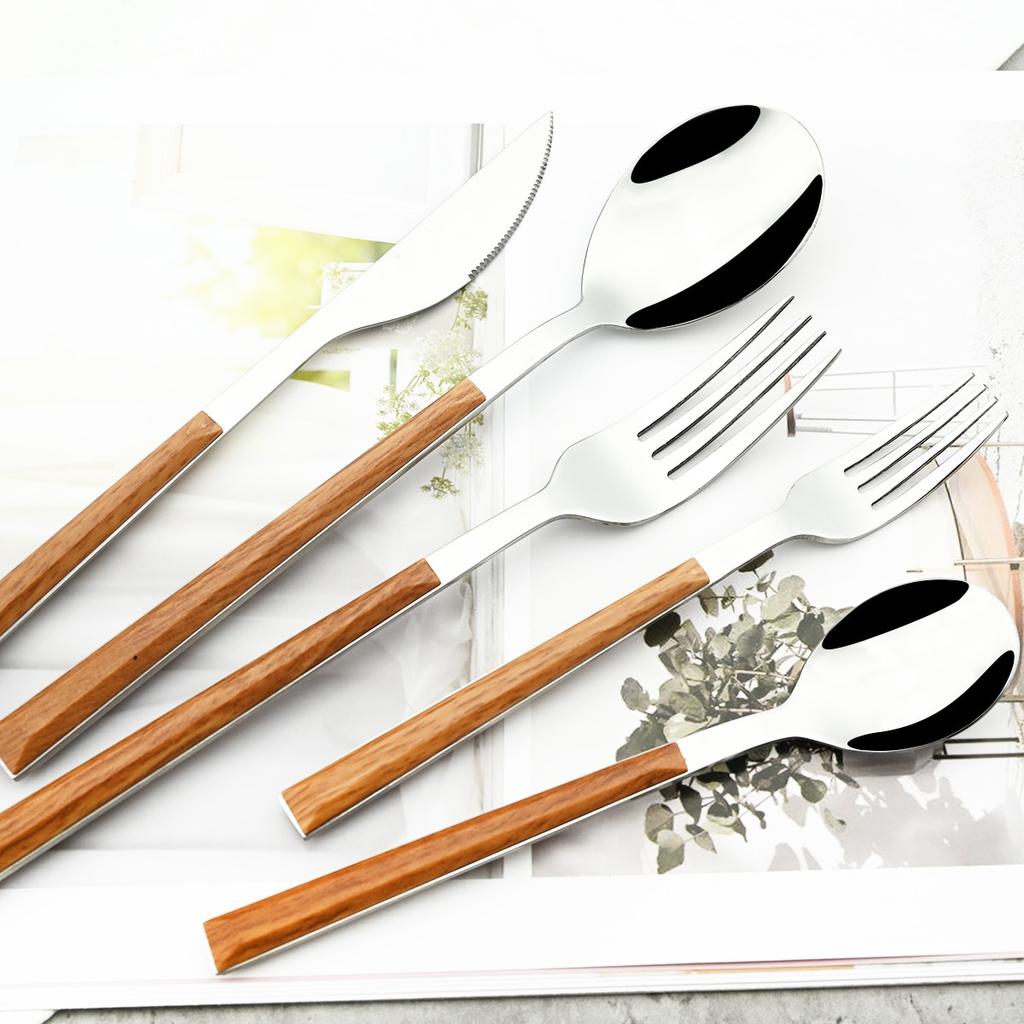 30Pcs Imitation Wooden Handle Dinnerware Cutlery Set Stainless Steel Tableware Knife Fork Spoons Silverware Western Flatware