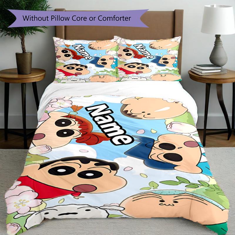 3pcs Duvet Cover Set (1*Duvet Cover + 2*Pillowcase, Without Core), Custom Name Crayon Shin Pattern Bedding Set, Home Bedroom Decor Gift