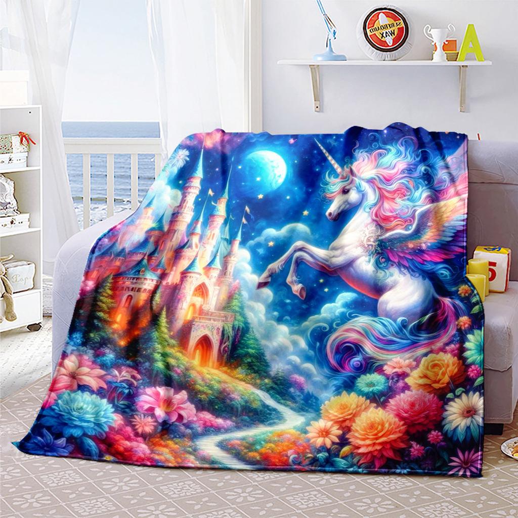 Unicorn Fantasy Castle Flowers Blanket Soft Comfortable All Seasons Couch Office Nap Travel Festive Gift